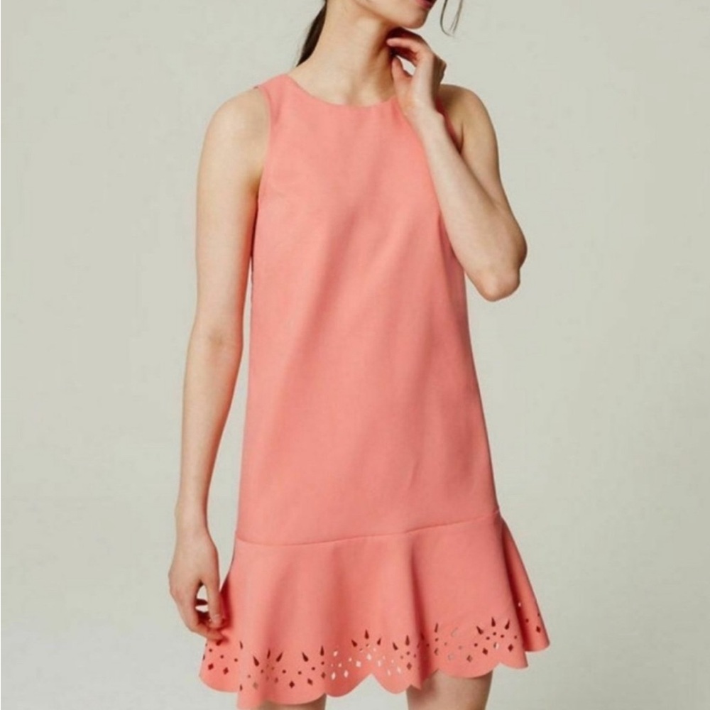 New! Loft Coral Peach Drop Waist Eyelet Flutter Hem Ruffle Dress Sleeveless